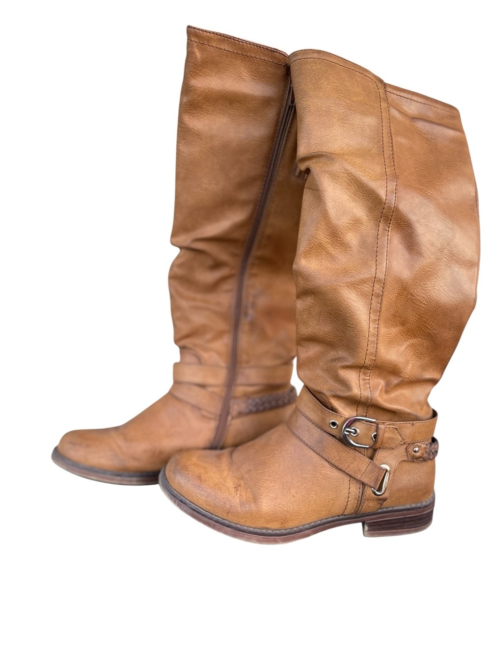XOXO Women's Tan Mid-Calf Buckle Moto Boots